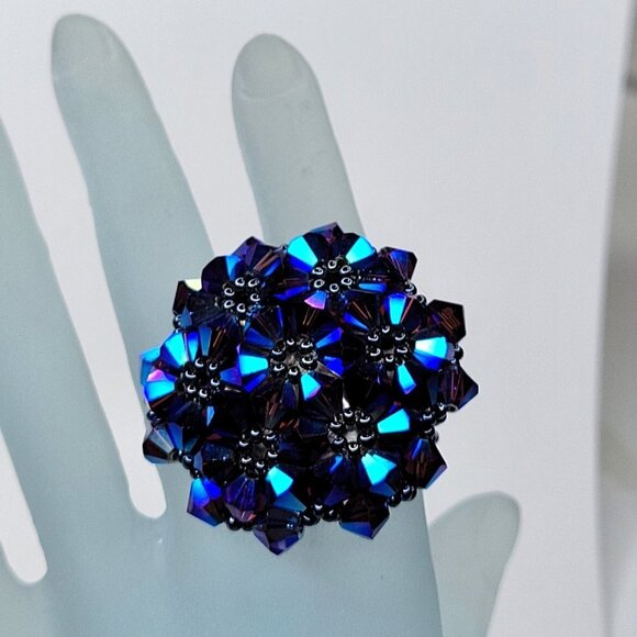 Blue Purple Bicone Crystals Ring Cluster Ring Glitter Beaded Stretch Ring - Picture 2 of 10
